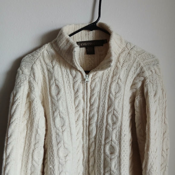 Inis Crafts Sweater Medium Full  Zip Wool Fisherman Knit Ireland Cable knit FLAW - Picture 2 of 11